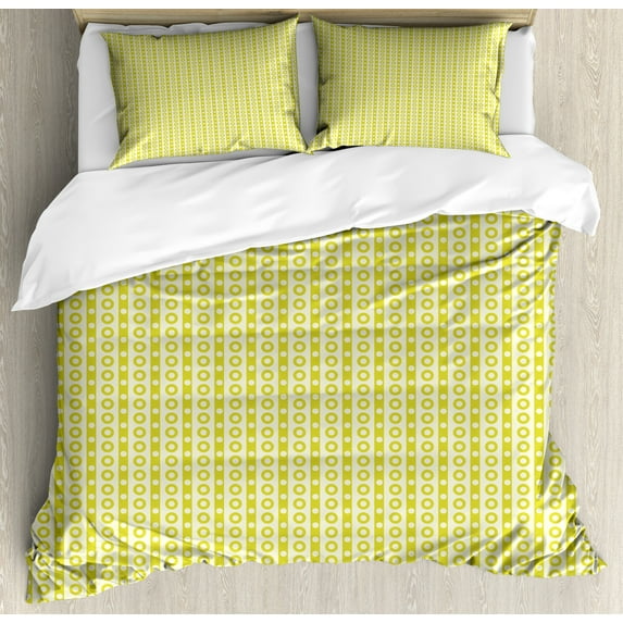 Retro Duvet Cover Set, Vertical Stripes with Polka Dots and Circles Geometric Symmetric Pattern, Decorative 3 Piece Bedding Set with 2 Pillow Shams, Calking Size, Avocado Green Cream, by Ambesonne