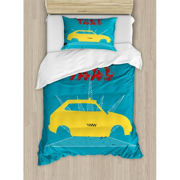 Retro Duvet Cover Set, Vintage Cab Car with Grunge Taxi Writing 90s Illustration with Dots Print, Decorative 2 Piece Bedding Set with 1 Pillow Shams, Twin Size, Petrol Blue and Yellow, by Ambesonne