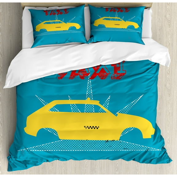 Retro Duvet Cover Set, Vintage Cab Car with Grunge Taxi Writing 90s Illustration with Dots Print, Decorative 3 Piece Bedding Set with 2 Pillow Shams, Calking Size, Petrol Blue and Yellow, by Ambesonne