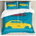 thumbnail image 1 of Retro Duvet Cover Set, Vintage Cab Car with Grunge Taxi Writing 90s Illustration with Dots Print, Decorative 3 Piece Bedding Set with 2 Pillow Shams, Queen Size, Petrol Blue and Yellow, by Ambesonne, 1 of 3