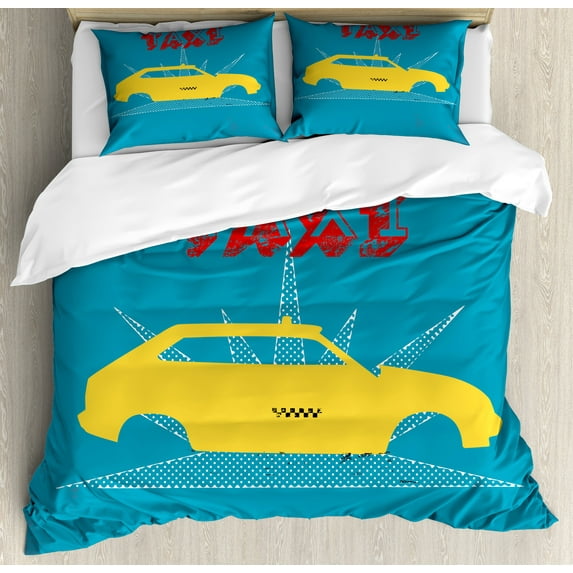 Retro Duvet Cover Set, Vintage Cab Car with Grunge Taxi Writing 90s Illustration with Dots Print, Decorative 3 Piece Bedding Set with 2 Pillow Shams, Queen Size, Petrol Blue and Yellow, by Ambesonne
