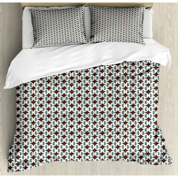 Retro Duvet Cover Set, Vintage Geometric Funky Half Circles and Stars Ethnic on Pastel Backdrop, Decorative 3 Piece Bedding Set with 2 Pillow Shams, King Size, Brown Ivory Slate Blue, by Ambesonne