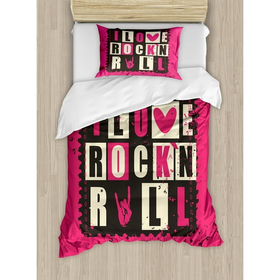 Retro Duvet Cover Set, Vintage Letters I Love Rock n' Roll on Grunge Poster Music Theme Art, Decorative 2 Piece Bedding Set with 1 Pillow Shams, Twin Size, Pink Charcoal Grey Beige, by Ambesonne