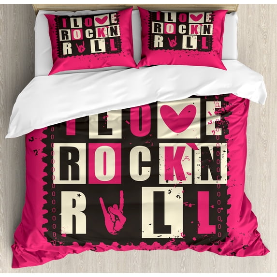 Retro Duvet Cover Set, Vintage Letters I Love Rock n' Roll on Grunge Poster Music Theme Art, Decorative 3 Piece Bedding Set with 2 Pillow Shams, Queen Size, Pink Charcoal Grey Beige, by Ambesonne