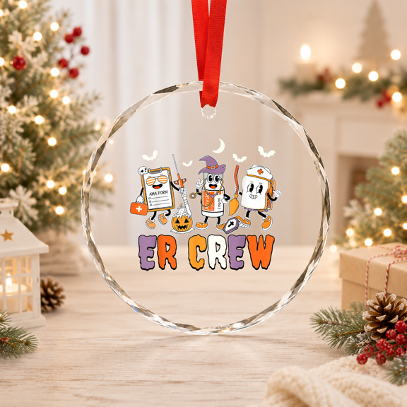 Retro ER Emergency Room Emergency Department Halloween Spooky Season Halloween Theme Glass Ornament