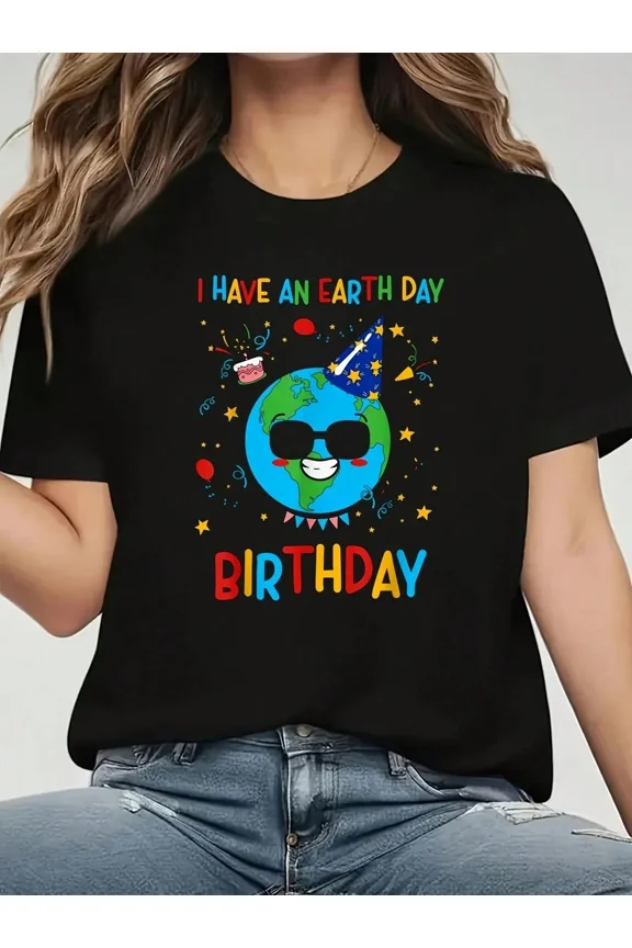 Retro Earth Day Birthday Graphic T-Shirt Funny Cute Planet Earth Celebration Tee Unisex Short Sleeve Black Top