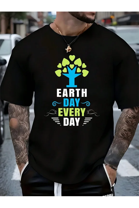 Retro Earth Day Every Day Graphic T-Shirt - Eco-Friendly Nature Lover Men's Black Tee - Sustainable Environment Tree Heart Design Top