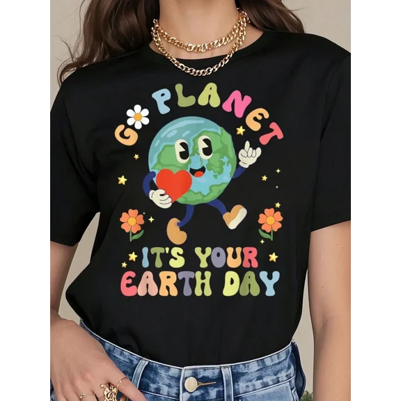 Retro Earth Day Graphic T-Shirt Vintage Go Planet It's Your Earth Day Eco-Friendly Nature Lover Tee Cute Cartoon World Heart Graphic Top