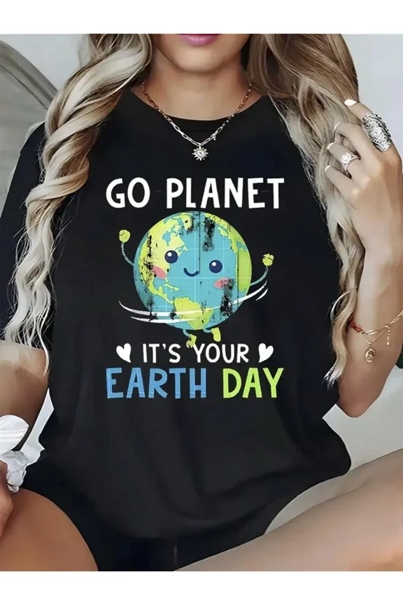 Retro Earth Day Graphic Tee Cute Go Planet It's Your Earth Day Unisex Adult Short Sleeve T-Shirt Eco-Friendly Nature Lover Gift Vintage Style Black Top