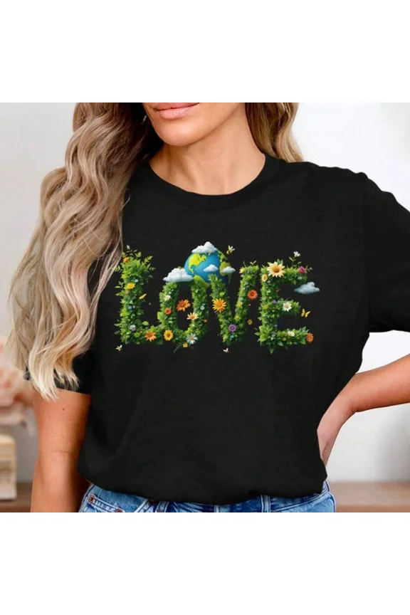 Retro Earth Day Love Floral Graphic T-Shirt - Cute Nature Inspired Eco-Friendly Women's Short Sleeve Tee - Sustainable Greenery Flower Design Top