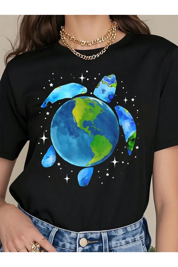 Retro Earth Day Planet Graphic T-Shirt Aesthetic Space Galaxy Stars Black Tee Women's Casual Short Sleeve Top