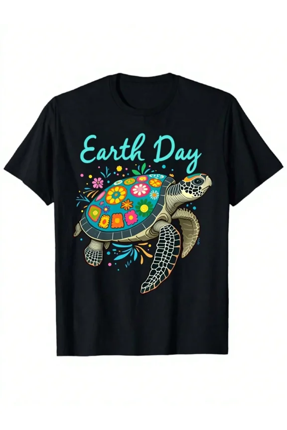 Retro Earth Day Sea Turtle Floral Graphic T-Shirt - Colorful Nature Lover Eco-Friendly Save the Ocean Apparel for Men and Women