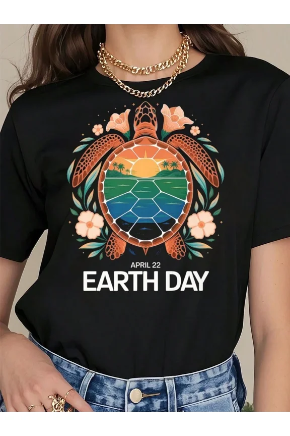 Retro Earth Day Sea Turtle Graphic T-Shirt Vintage Ocean Sunset Nature Lover Floral Eco-Friendly Women's Short Sleeve Tee Black