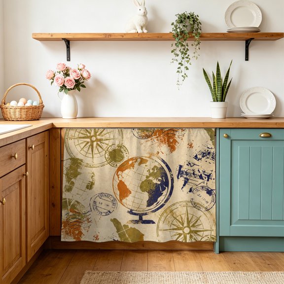 Retro Earth Globe Cabinet Curtains 10" W x 11" L Travel Compass Vintage Waterproof Adhesive Kitchen Under Sink Curtain Dust-Proof Dishwasher Skirt for Closet
