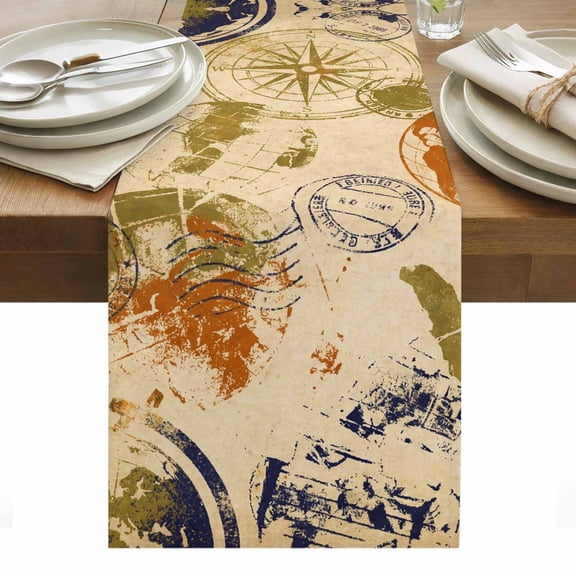 Retro Earth Globe Cotton Linen Table Runner Travel Compass Vintage Dining Table Runners for Home Decor Party Dining Room Restaurant Kitchen Party 13" x 48"