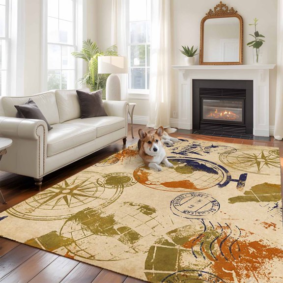 Retro Earth Globe Large Area Rugs 5x8 ft Travel Compass Vintage Washable Rug Non Slip Indoor Carpet Absorbent Floor Mat for Living Room Bedroom Dining Room
