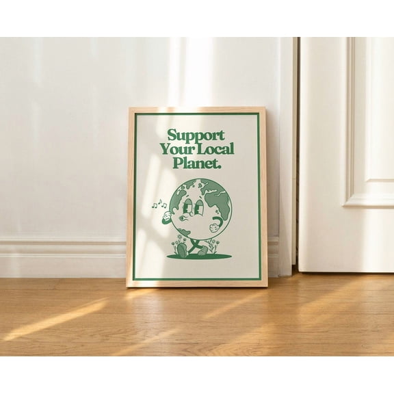 Retro Earth Print, Support Your Local Planet Wall Art, Vintage Groovy Environment Print, Cartoon Character Wall Art, Green Poster,, Unframed Canvas Size 8x12 F03.1.14l1331