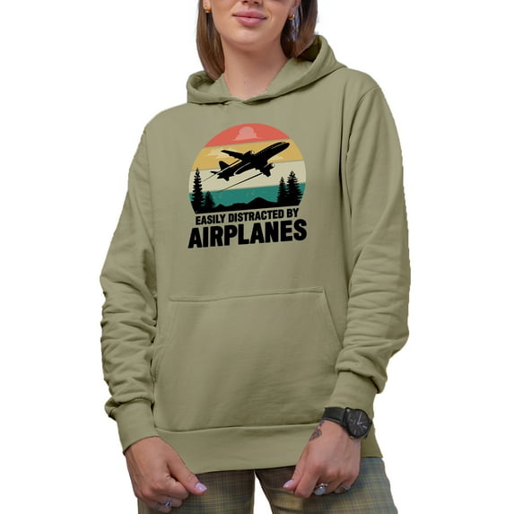 Retro Easily Distracted by Airplanes, Aircraft or Airplane Pilot, Airline Crew, Sand Hooded Sweatshirt or Hoodie, Large
