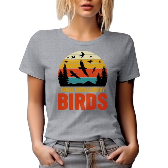 Retro Easily Distracted by Birds, Bird-Watcher, Birder or Bird-Watching Enthusiast, Heather Grey T-Shirt, Small