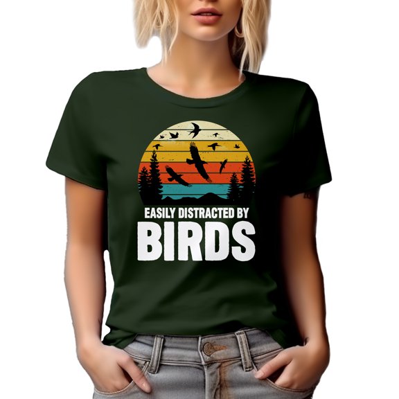 Retro Easily Distracted by Birds - Birder, Bird-Watcher or Bird-Watching Enthusiast, Military Green T-Shirt, XL