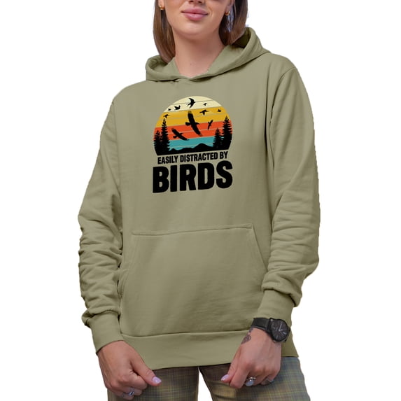 Retro Easily Distracted by Birds, Birder, Bird-Watcher or Bird-Watching Enthusiast, Sand Hooded Sweatshirt or Hoodie, Medium