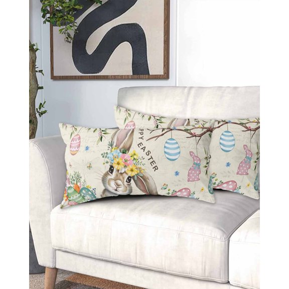 Retro Easter Bunny California King Pillow Case - Microfiber Bed Throw Pillow Covers, Spring Easter Eggs Floral Botanical Decorative Lumbar Pillow Cover with Envelope Closure for Sofa/Travel 20"x40"