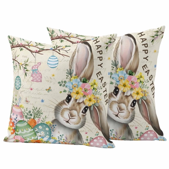 Retro Easter Bunny Outdoor Waterproof Pillow Covers, Spring Easter Eggs Floral Botanical Decorative Square Throw Pillowcase Sofa Cushion Sham for Patio/Couch/Chair, 26"x26" 2 Pack