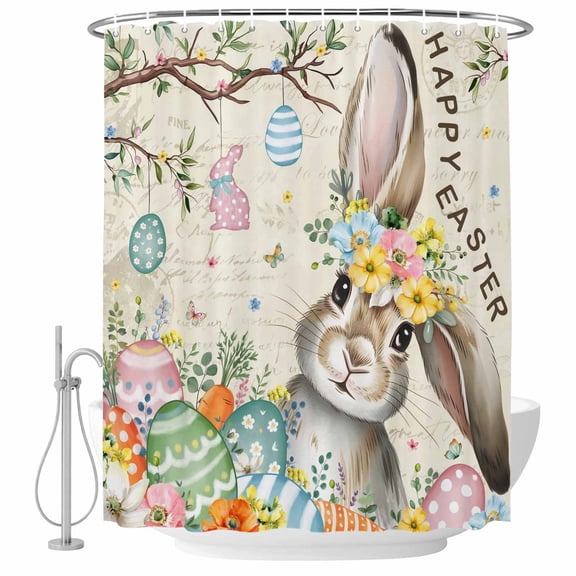 Retro Easter Bunny Shower Curtain, Waterproof Shower Curtains for Bathroom, Spring Easter Eggs Floral Botanical Washable Fabric Bathtub Curtain Set Bath Decor with 12 Hooks 72"x78"