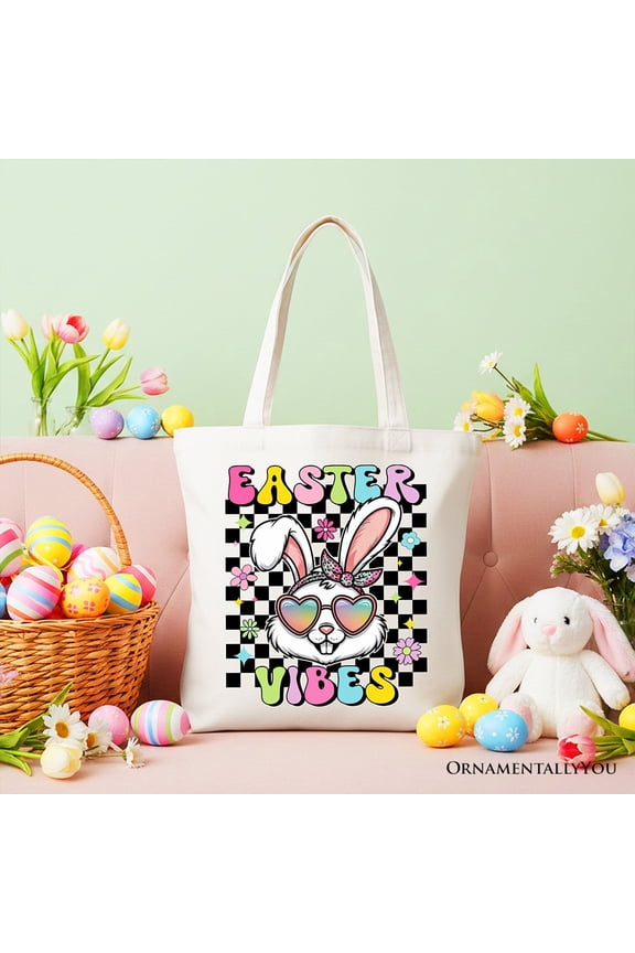Retro Easter Bunny Sunglasses Tote Bag, Groovy Checkered Gift Shopper
