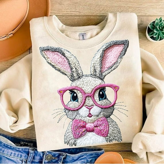 Retro Easter Bunny Sweater, Vintage Happy Easter Pullover, Faux Embroidery Style, Funny Easter Bunny Sunglasses Sweatshirt, Holiday Sweater