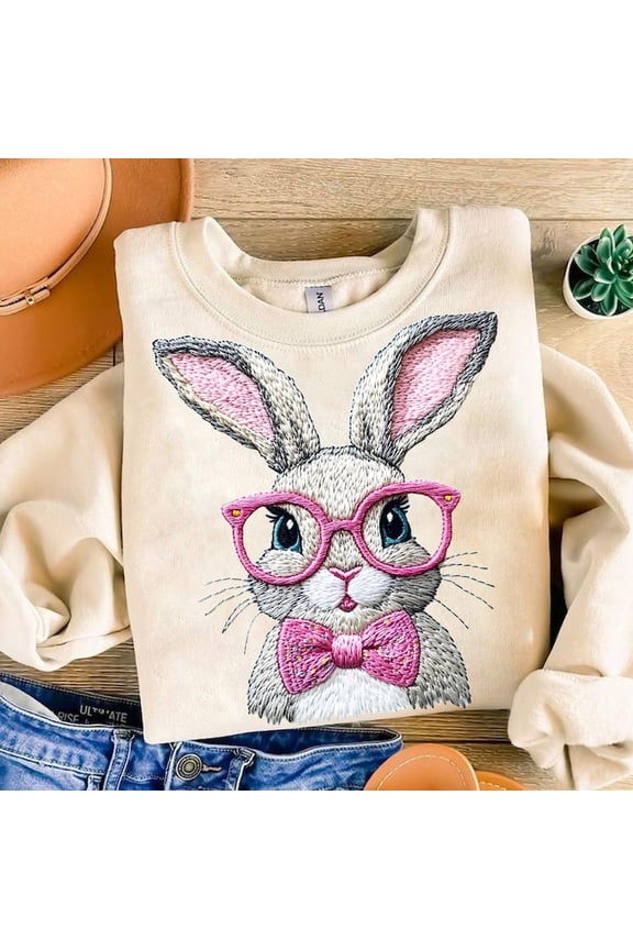 Retro Easter Bunny Sweater, Vintage Happy Easter Pullover, Faux Embroidery Style, Funny Easter Bunny Sunglasses Sweatshirt, Holiday Sweater