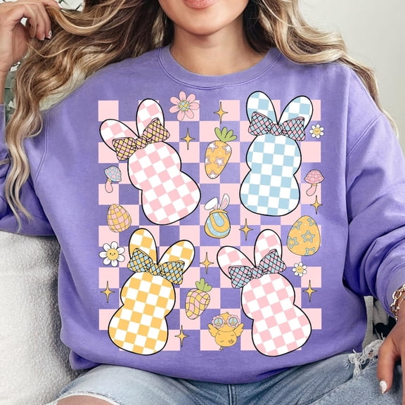 Retro Easter Checkered Bunny Sweatshirt, Easter Bunny Shirt, Spring Pastel Bunny Design, Retro Easter Gift Tee