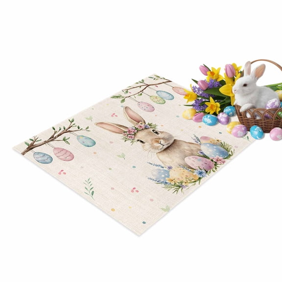 Retro Easter Door Mat Bunny Rabbit Spring Floral Colorful Eggs Non Slip Absorbent Entrance Mat Washable Low Profile Indoor Doormat for Front Door Entryway Entry 16"x24"