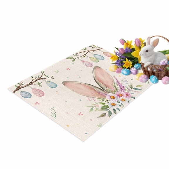 Retro Easter Door Mat Rabbit Bunny Ears Spring Floral Colorful Eggs Non Slip Absorbent Entrance Mat Washable Low Profile Indoor Doormat for Front Door Entryway Entry 16"x24"