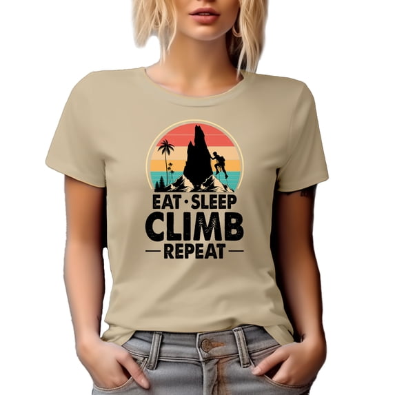 Retro Eat Sleep Climb Repeat, Mountaineer or Rock Climber, Tan T-Shirt, Large