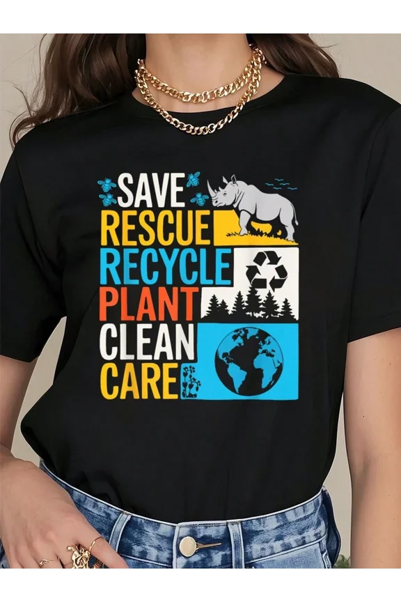 Retro Eco-Friendly Earth Day Graphic Tee Save The Planet Nature Lover Rhino Recycling Sustainable Fashion Short Sleeve Crewneck T-Shirt