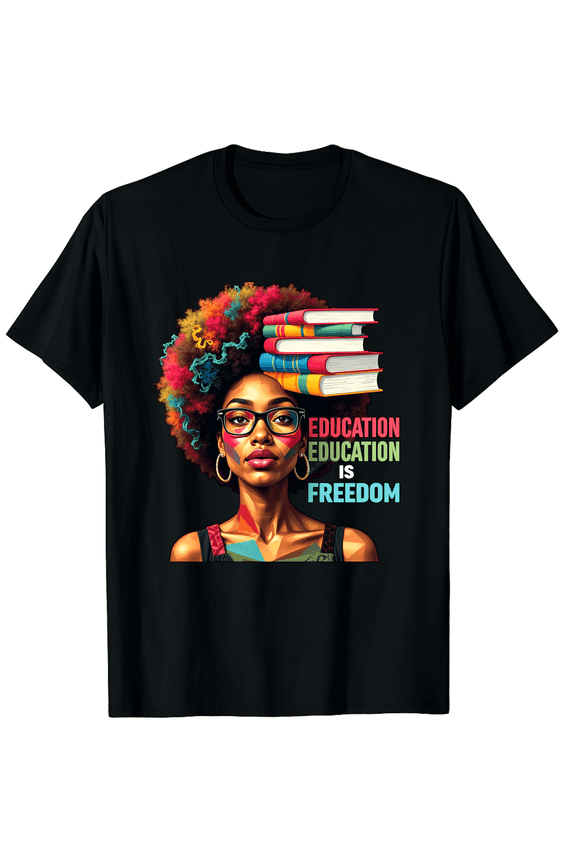 Retro Education Is Freedom T-Shirt - Empowering Black Woman Afro Art Graphic Tee - Inspirational Teacher Student Apparel - Colorful Melanin Magic Top