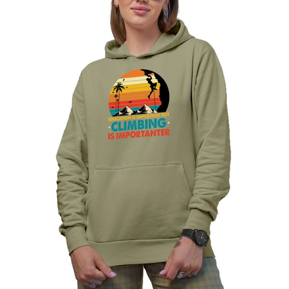 Retro Education Is Important but Climbing Is Importanter, Rock or Mountain Climber, Sand Hooded Sweatshirt or Hoodie, XL