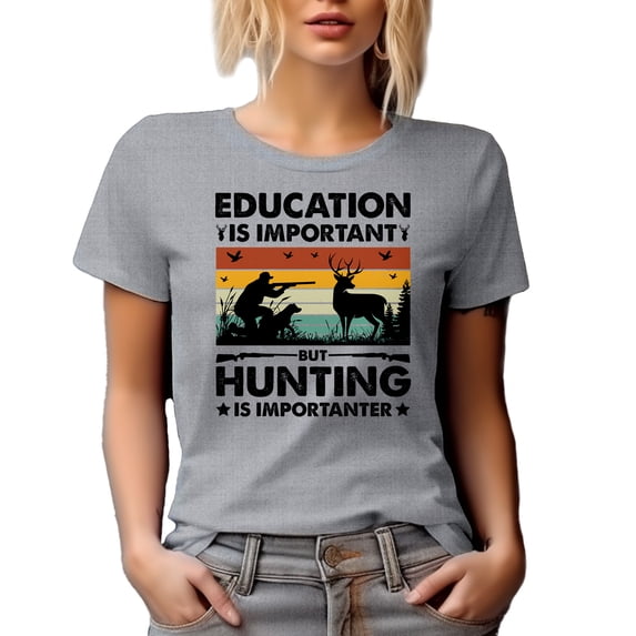 Retro Education Is Important but Hunting Is Importanter, Hunter, Heather Grey T-Shirt, Medium