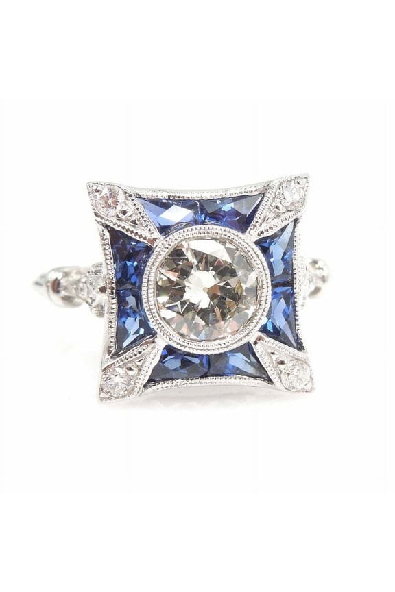 Retro Edwardian Diamond Engagement Ring, September Birthstone Blue Sapphire Ring, Vintage Art Deco Square Halo Ring, Milgrain Bezel Set Diamond Ring, 925 Sterling Silver, 2.2 Ct Simulated Diamond