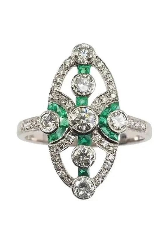 Retro Edwardian Diamond Ring, Vintage Dinner Ring, Antique Milgrain Bezel Set Diamond Engagement Ring, Green Emerald Birthstone Ring, 2.3 Ct Simulated Diamond, 925 Sterling Silver, Gift For Mom