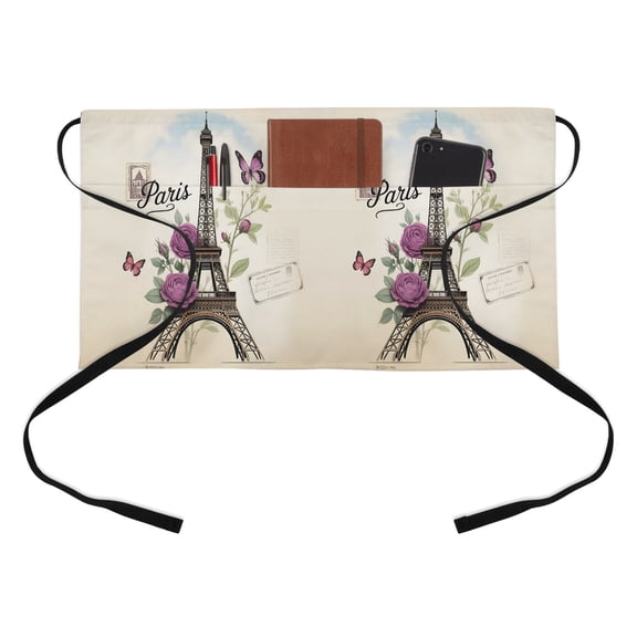 Retro Eiffel Tower Kitchen Restaurant Half Waist Apron, Purple Butterfly Rose Floral Vintage Server Short Apron with 3 Pockets Waterproof Oil Waist Aprons for Women Waitress Waiter