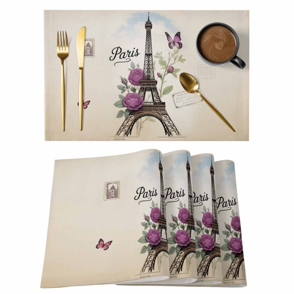 Retro Eiffel Tower Placemats Set of 1, Purple Butterfly Rose Floral Vintage Non-Slip Place Mats Washable Table Mats for Kitchen Dining Table Decorations Indoor/Outdoor