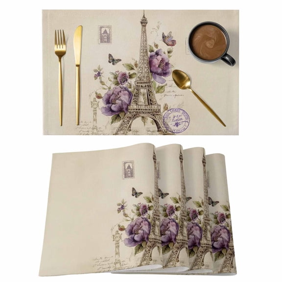 Retro Eiffel Tower Placemats Set of 2, Watercolor Purple Butterfly Floral Vintage Non-Slip Place Mats Washable Table Mats for Kitchen Dining Table Decorations Indoor/Outdoor