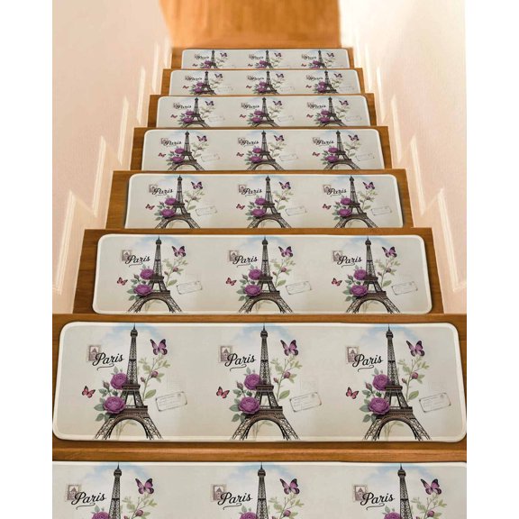 Retro Eiffel Tower Stair Treads Purple Butterfly Rose Floral Vintage Indoor Non Slip Peel and Stick Stair Treads for Wooden Steps 4 PCS, Soft Adhesive Staircase Mats Runner Rugs 8"x30"