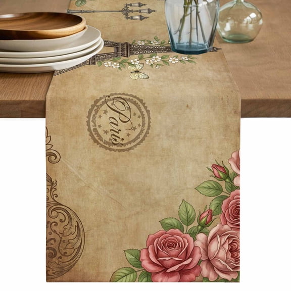 Retro Eiffel Tower Table Runner 36 Inches Long,Watercolor Flower Blossom Butterfly Brown Cotton Linen Table Runners Dresser Scarves,Fabric Tabletop Scarf Furniture Cover for Home Dinner Party 13"x36"