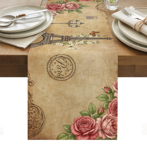 Retro Eiffel Tower Table Runner Watercolor Flower Blossom Butterfly Brown Tablerunners 13 x 36 Inch, Table Decorations Tabletop Scarf for Summer Gathering Holiday Farmhouse Kitchen Dining Decor