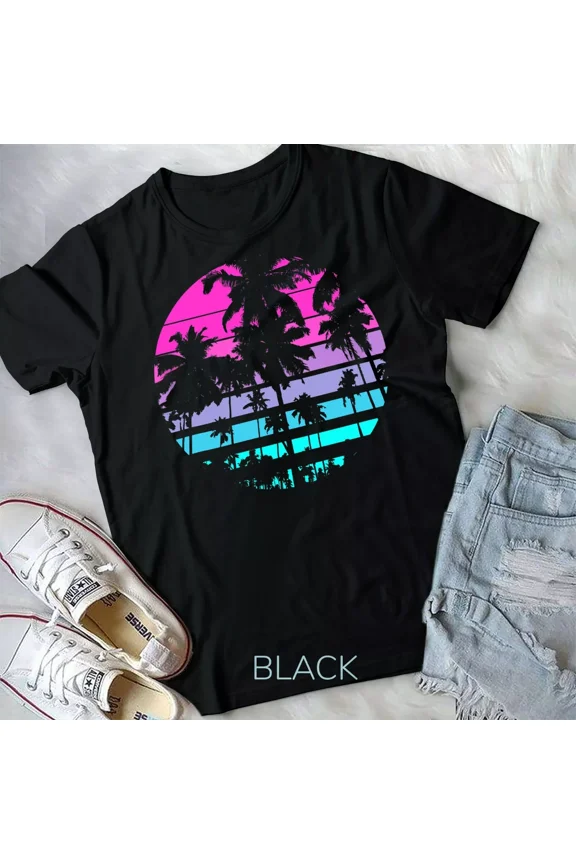 Retro Eighties 80s 90s Beach Style Palm Trees Unisex T-Shirt Y2434, Up to Size 5XL
