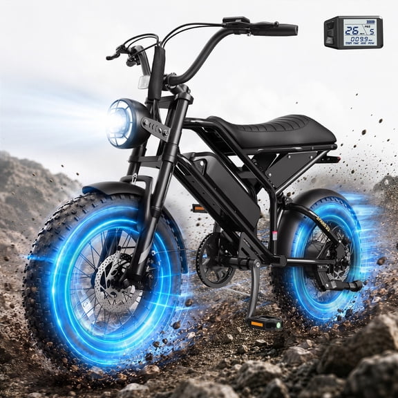 Retro Electric Bike for Adults, 16" Fat Tire eBike with Peak 1200W Motor Over 25 MPH, 48V 10.4Ah Battery Full Suspension Electric Motorcycle, Black