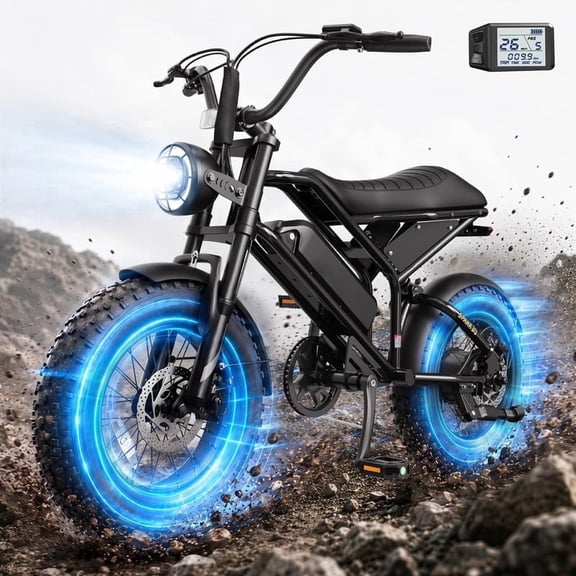 Retro Electric Bike for Adults, 16" Fat Tire eBike, Peak 1200W Motor Over 25 MPH, 48V 10.4Ah Removable Battery, Full Suspension E Mountain Bicycle, Black